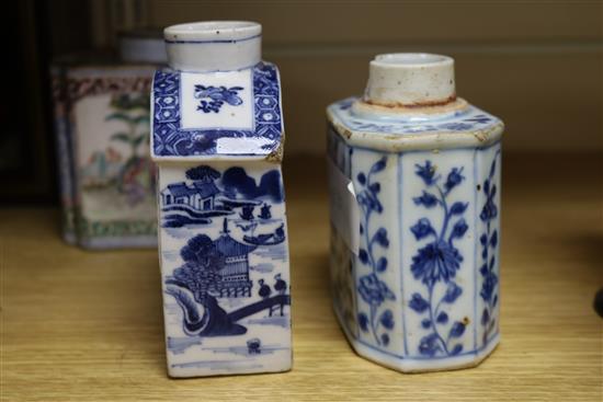 Two Chinese enamel tea caddies and three porcelain caddies largest 11cm